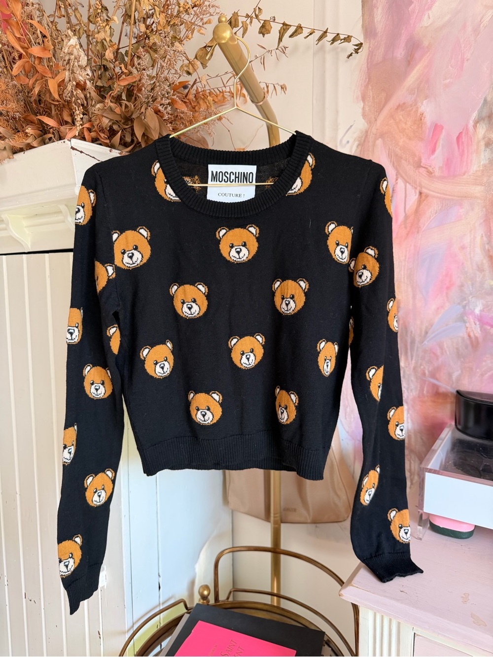 Moschino Black Sweater with Orange Teddy Bear Motif